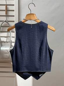 Elamini Women's Waist-Cinching Short Vest Jacket, Deep V-Neck Lace Slit Denim Effect Lightweight Outerwear, Spring/Summer Women's Vest Tops Women Casual Outfits - Blue - View 2