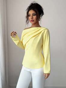 Elenzga Women's New Autumn Ruched Asymmetrical Shoulder Long Sleeve Blouse - Light Yellow - View 3