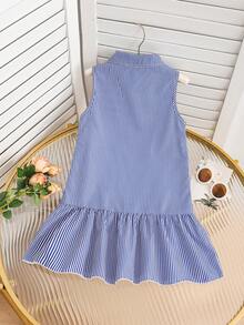 SHEIN Genkimix Kids Young Girls' Sleeveless Striped Button-Down Casual Dress - Royal Blue - View 2