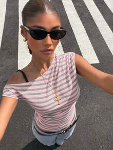 Muchica 粉色条纹针织单肩女式上衣 - 粉色 - 查看 7