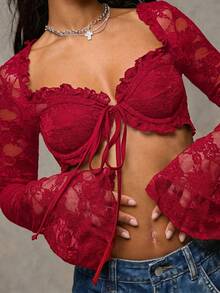 SHEIN BAE 女装夏季性感蕾丝演唱会外出约会毕业典礼荷叶边超短胸杯细吊带长袖白色夏季女上衣 - 酒紅色 - 查看 8