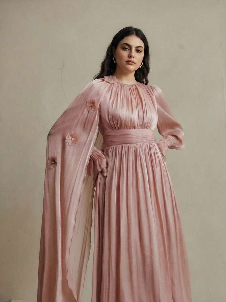 Plus Size Women Floral Decor Shawl Collar Elegant Fashion Dress