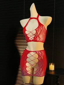 Bộ đồ lót gợi cảm 2 mảnh dành cho nữ, chất liệu xuyên thấu, khoét eo, co giãn, gồm áo cổ yếm và váy ngắn. - Đỏ - Xem 5