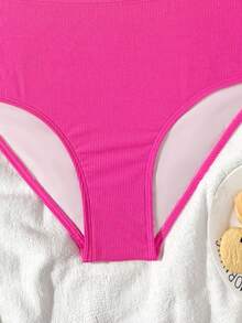 SHEIN Teen Girls Ribbed Bikini Sets,Bright Rose Red Swimwear Adjustable Spaghetti Strap Cami Top High-Waisted Briefs 2-Piece Set,Summer Beach Holiday Outfit - Hot Pink - View 5