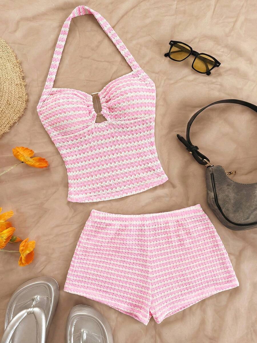Soleia Women's Vacation Casual Striped Backless Halter Top And Shorts 2 Pieces Set - Pink - View 1