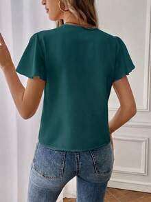 SHEIN Essnce 女士休闲通勤纯色V领荷叶边短袖衬衫 - 水鴨藍 - 查看 2