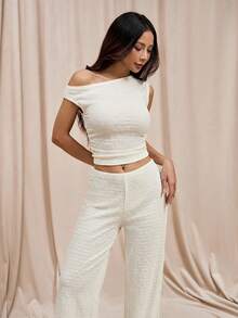 SHEIN PETITE 女款夏季純色紋理不對稱領口T恤與休閒長褲套裝，女式工作裝，適合嬌小女性 - 杏色 - 查看 4