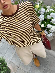 SHEIN EZwear Áo thun kẻ sọc mùa hè dáng rộng dành cho nữ cỡ lớn - Nhiều màu - Xem 4