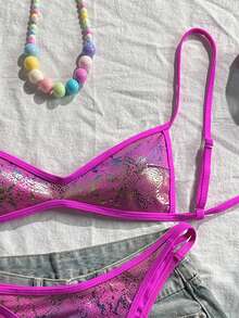 Swim Vcay 随机印花无线可调节肩带上衣和泳裤女士夏季沙滩度假比基尼套装 - 玫紅色 - 查看 3