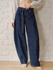 Anewsta Essential Navy Blue Wide Leg Jeans Everyday Summer Casual - Blue - View 8