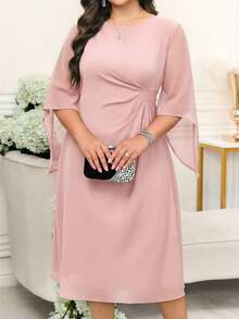 Reflora Plus Size Women Solid Color Round Neck Ruched Fashionable Date Dress - Pink - View 8