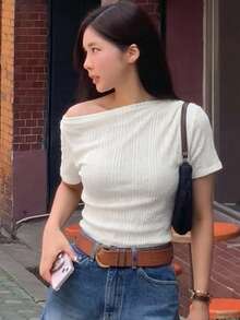 DAZY 纯色不对称肩部修身短袖白色女式T恤，夏季款 - 白色 - 查看 6