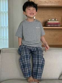 Dazy Kids 小男孩灰色圓領短袖上衣、格紋、長褲、睡衣夏季 - 灰色 - 查看 3