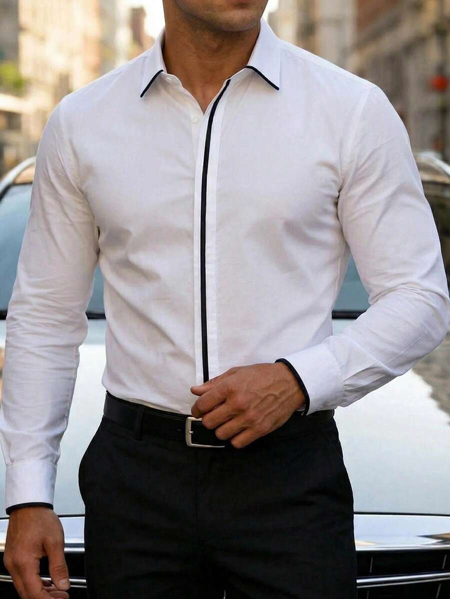 Manfinity Bizformal Áo sơ mi dài tay nam công sở kiểu dây đeo dệt kim - trắng - Xem 1