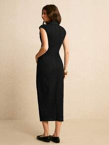 Poéselle Đầm denim ôm dáng tay ngắn xếp ly cài một hàng khuy dành cho nữ - màu đen - Xem 2