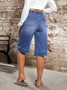 EMERY ROSE Plus Size Women's Button Front Dual Pocket Casual Denim Shorts - Blue - View 7