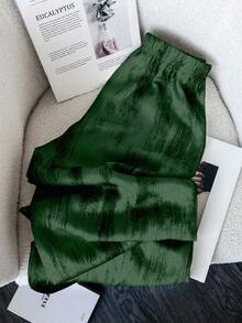 SHEIN LUNE Women's Casual Vacation Ink Painting Chiffon Satin Pants, Wide Leg Trousers - Dark Green - View 2