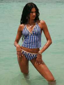 Swim Chiccia Women's Summer Beach Striped Shell Decor Halter Tankini Top And Triangle Bottoms Swimsuit Set - Blue and White - View 3