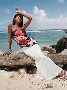 Swim Vcay Áo ống nữ in họa tiết lễ hội âm nhạc, có dây rút và vạt áo bất đối xứng, thích hợp cho mùa xuân và mùa hè. - màu đen - Xem 4