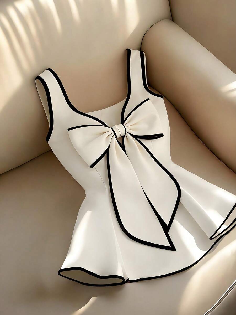 Franclia 女士撞色蝴蝶结装饰无袖T恤 - 杏色 - 查看 1