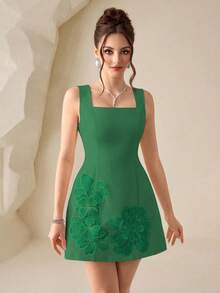 Modelyn 浅黄色3D立体花卉装饰收腰性感鸡尾酒裙，短款设计，适合约会和派对 - 綠色 - 查看 3