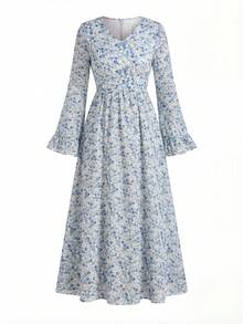 Modelyn Đầm hoa nhí tay dài dành cho nữ - Màu xanh lam - Xem 9
