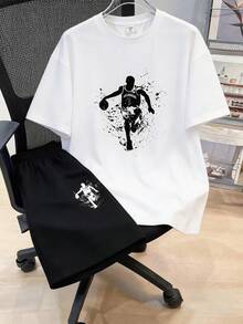 SHEIN 2-Pcs Teen Boy White Summer Football & Letter Print Short Sleeve Top And Pants Set,Sports & Streetwear Outfits For Daily Wear,School,Parties,Festivals - Black and White - View 2