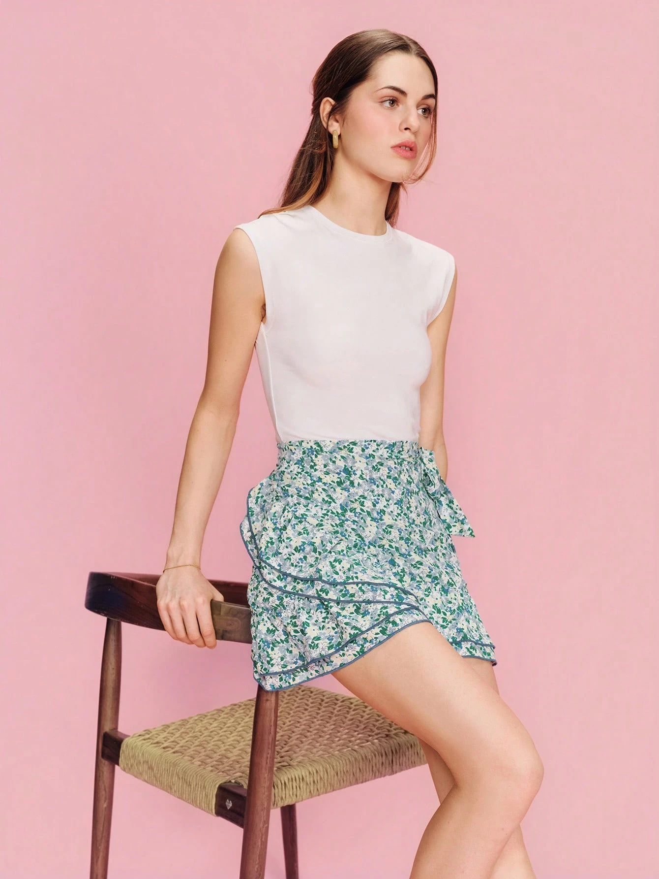 Green Floral Print High Waisted Mini Wrap Skirt With Side Waist Self Tie Bow, Ruffles At Hem Cute Skirt Cottage Skirt Festival Skirt Holiday Skirt Spring Summer French Style Parisian Style Short Outfits For Women Outfit Sets Women Summer Floral Skirt Ruffle Skirt
