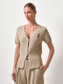 Briarwyn Áo khoác cardigan tay ngắn dệt xoắn kiểu gấu bông dành cho nữ, phong cách thường ngày. - Màu be - Xem 5