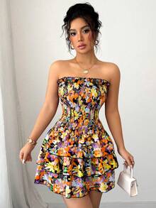Elenzga Allover Floral Print Bustier Dress With Ruffle Hem, Sexy For Women - Multicolor - View 3