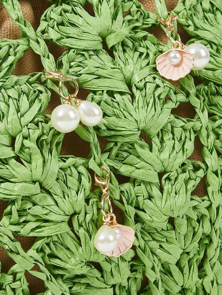 SHEIN Maija Ladies, Women Top Handle Bags, Straw Bag, Straw Woven Bag, Faux Pearls, Marine-Themed Ornaments, Fashionable, Elegant, Simple, Personalized, Versatile, For Beach, Vacation, Holiday, Summer, Seaside, Beach Party