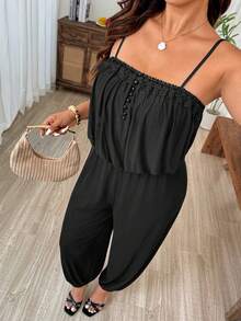 SHEIN LUNE Plus Size Brown Lace Contrast Mesh Camisole Jumpsuit, Women's Cinched Waist Bowknot Hem Sleeveless Yoga Casual Jumpsuit, Summer, Everyday Gym - Black - View 6