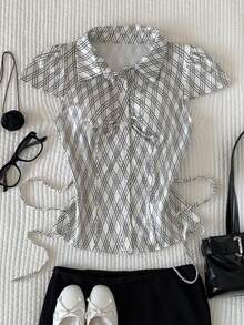 Comfortcana Camicia casual da donna con maniche a cappuccio, monopetto, plissettata - Albicocca - Visualizzare 1
