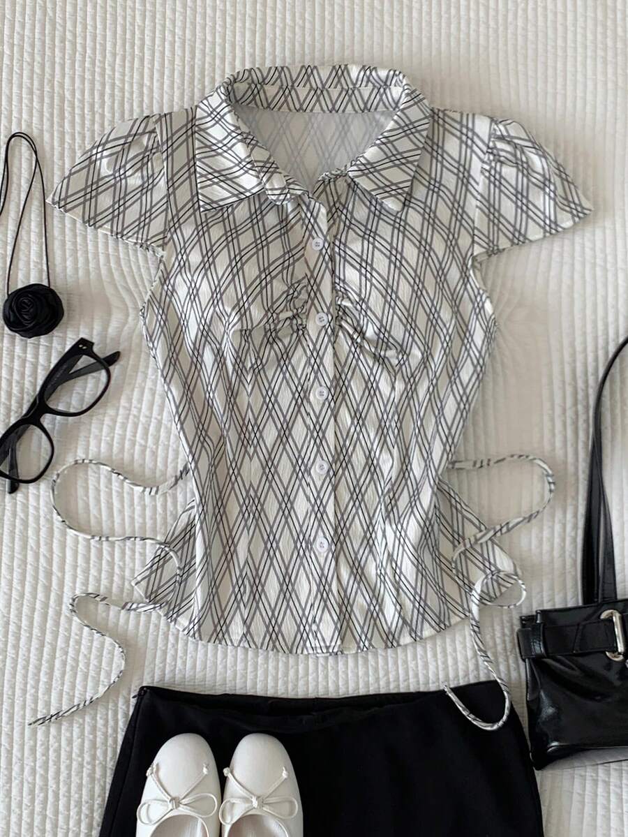 Comfortcana Camicia casual da donna con maniche a cappuccio, monopetto, plissettata - Albicocca - Visualizzare 1