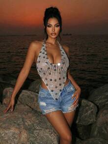 Swim SXY New Arrival Women's Deep V-Neck Sequin Tie-Up Sexy Knit Top - Grey - View 8