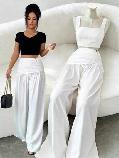 SHEIN Elenzya 白色高腰褶裥阔腿裤，垂坠宽松长裤，优雅正装/休闲装，显瘦