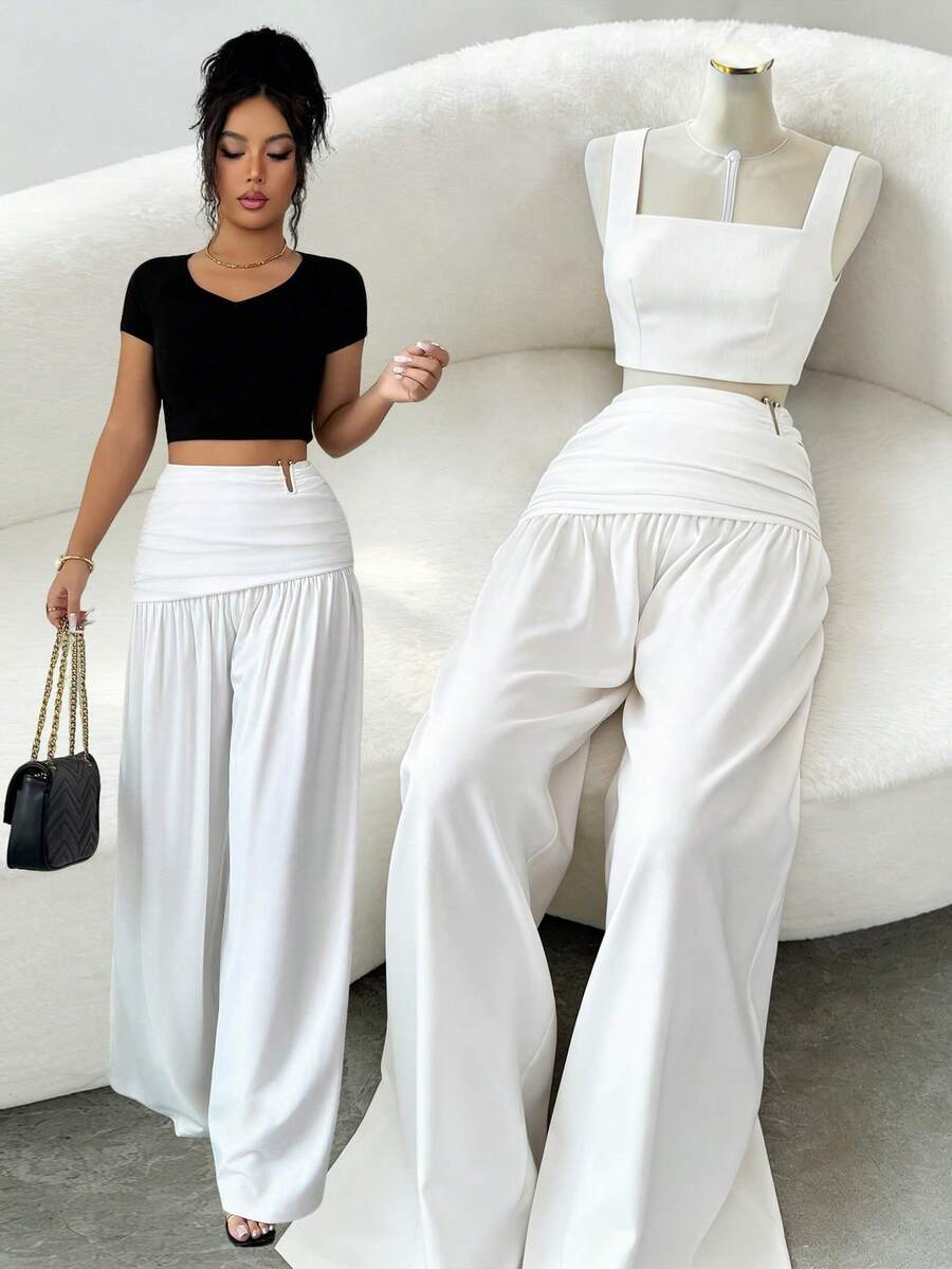 SHEIN Elenzya 白色高腰褶裥阔腿裤，垂坠宽松长裤，优雅正装/休闲装，显瘦 - 白色 - 查看 1