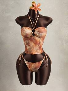 Zestiva 女士三件套泳装，扎染印花，串珠挂脖式领口，收腰设计，搭配多层吊带裙，夏季款 - 橘色 - 查看 5