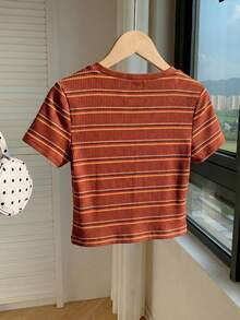 Comfortcana Colorful Striped Knit Fitted Women T-Shirt - Rust Brown - View 2