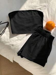 Comfortcana 女士休闲纯黑色上衣/吊带背心和短裤两件套，舒适家居服，短裤套装，女士舒适两件套，两件套夏季服装 - 黑色 - 查看 3
