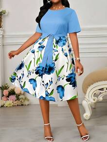 SHEIN Lady 春夏优雅通勤办公休闲波西米亚风彩色针织圆领喇叭腰带中长短袖大码连衣裙，适合各种身材，夏季女装，夏季连衣裙，女士办公装，度假连衣裙，夏季女装 - 藍色 - 查看 3