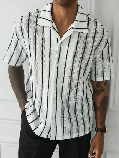 HUEFORM Áo sơ mi nam dệt kim kẻ sọc phong cách thường ngày