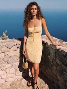 lacRébo 黄色印花网纱中长连衣裙，直筒剪裁，系带设计，春夏可爱度假连衣裙，休闲外出连衣裙，法式巴黎风情 - 黃色 - 查看 6