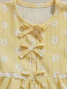 Souflis Souflis 2 piezas Conjunto de niña bebé con blusa de cuello redondo sin mangas plisada de color amarillo claro, top con decoración de lazo y pantalón de cintura elástica, cómodo y lindo para primavera, verano y otoño - Amarillo - Ver 5