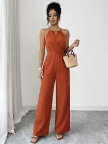 Franclia Bộ jumpsuit nữ kiểu dáng cổ điển thanh lịch, cổ yếm, thắt chéo eo, ống rộng, thích hợp cho buổi hẹn hò ngày Valentine, kỳ nghỉ hè, tụ họp bạn bè hoặc đi làm hàng ngày. - trái cam - Xem 4