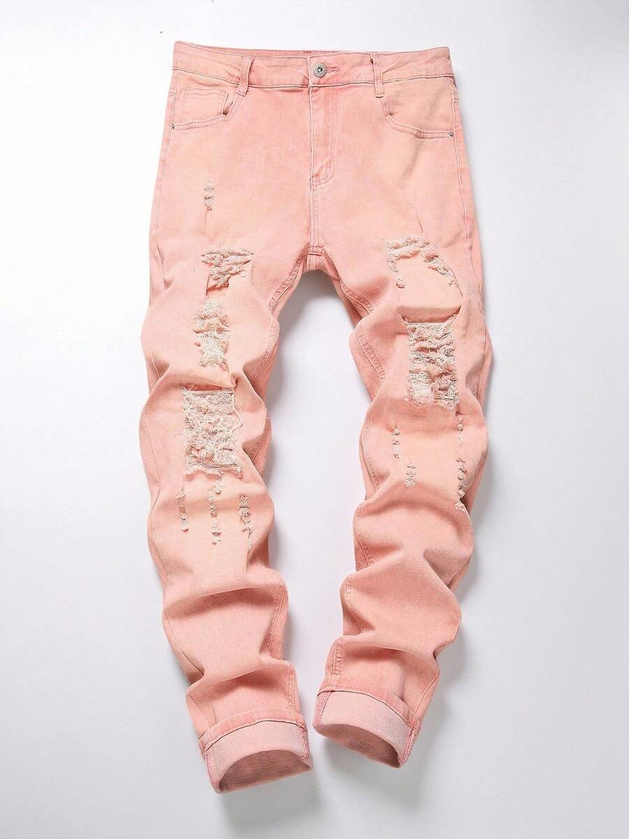 Manfinity LEGND Men's Casual Distressed Slim Fit Denim Jeans - Pink - View 1