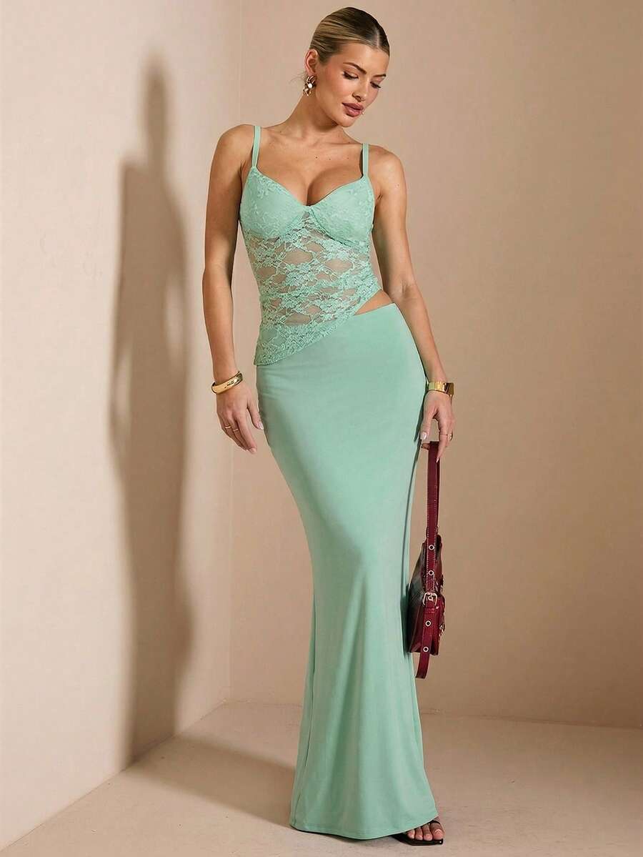 SHEIN BAE Đầm maxi ren đen xuyên thấu gợi cảm, thích hợp cho kỳ nghỉ hè ở bãi biển, phù hợp cho hẹn hò hàng ngày, đi chơi đêm, hộp đêm, tiệc tùng, gặp gỡ bạn bè, tiệc cocktail, tiệc bể bơi, trang phục mùa tựu trường, váy mùa đi học, váy dự tiệc cho nữ. - Màu xanh Cadet - Xem 1