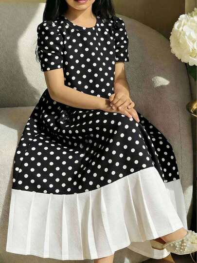 Đầm ngắn tay xếp ly thắt nơ cho bé gái tuổi teen, dáng rộng, thích hợp mùa xuân/hè.