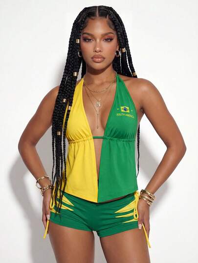 Gowayae Gowayae Nuevo conjunto de verano para mujer con tirantes finos, sexy, deportivo, de animadora de fútbol, casual, para vacaciones, top corto sin mangas de color block amarillo y verde, adecuado para verano, carnaval y festivales