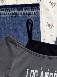 SHEIN 女童休闲二合一街头风T恤，这款T恤采用字母标语和汽车图案印花，露肩短袖设计，适合夏季休闲活动、购物和拍照。 - 灰色 - 查看 4